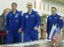 (L – R) NASA astronaut Chris Cassidy, KF5KDR, Russian Soyuz commander Anatoly Ivanishin, and flight engineer Ivan Vagner during training in Star City, Russia. [Andrey Shelepin/Gagarin Cosmonaut Training Center photo]